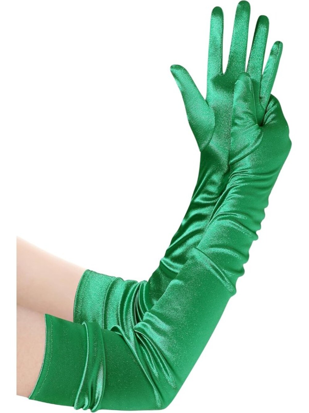 Women Dark Green Stretchy Satin Upper Arm Length 1920s Flapper Long Opera Gloves